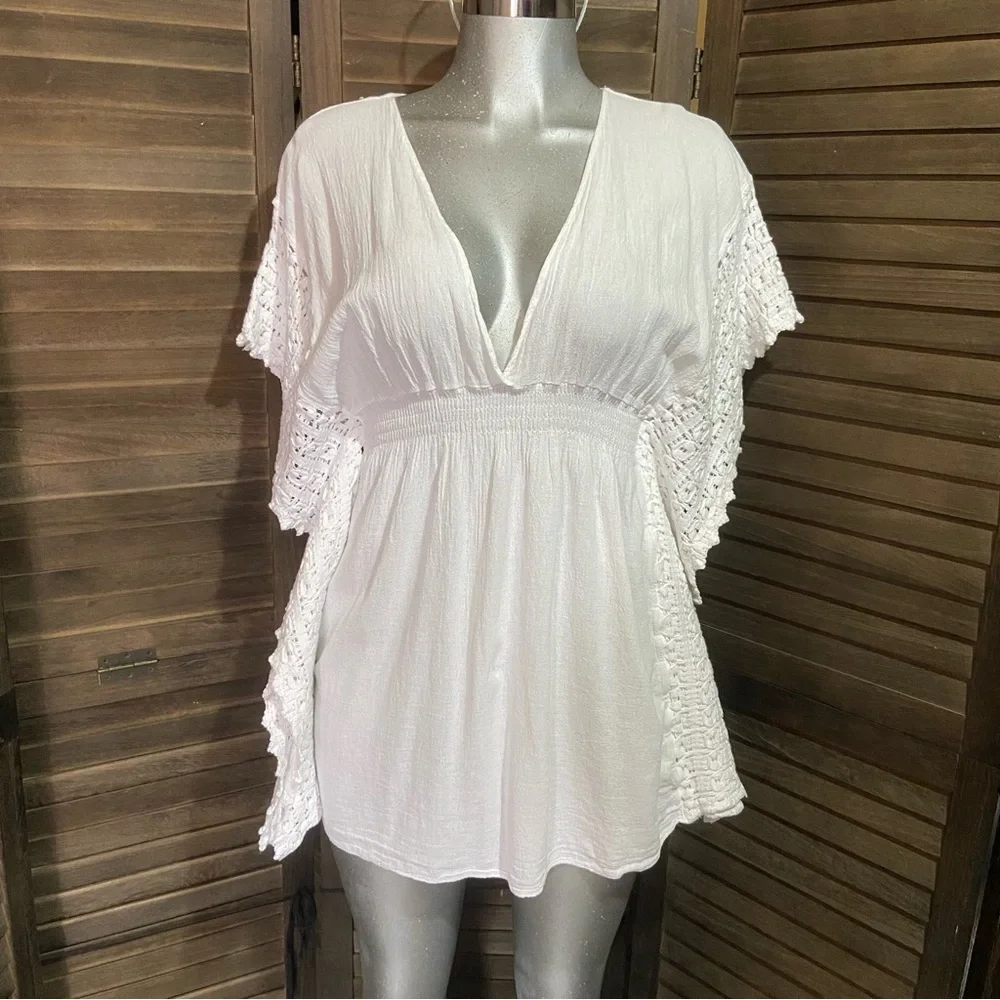 SEASPICE Resort Wear White Coverup Dress Sz Medium Peruvian Cotton Beach Coastal